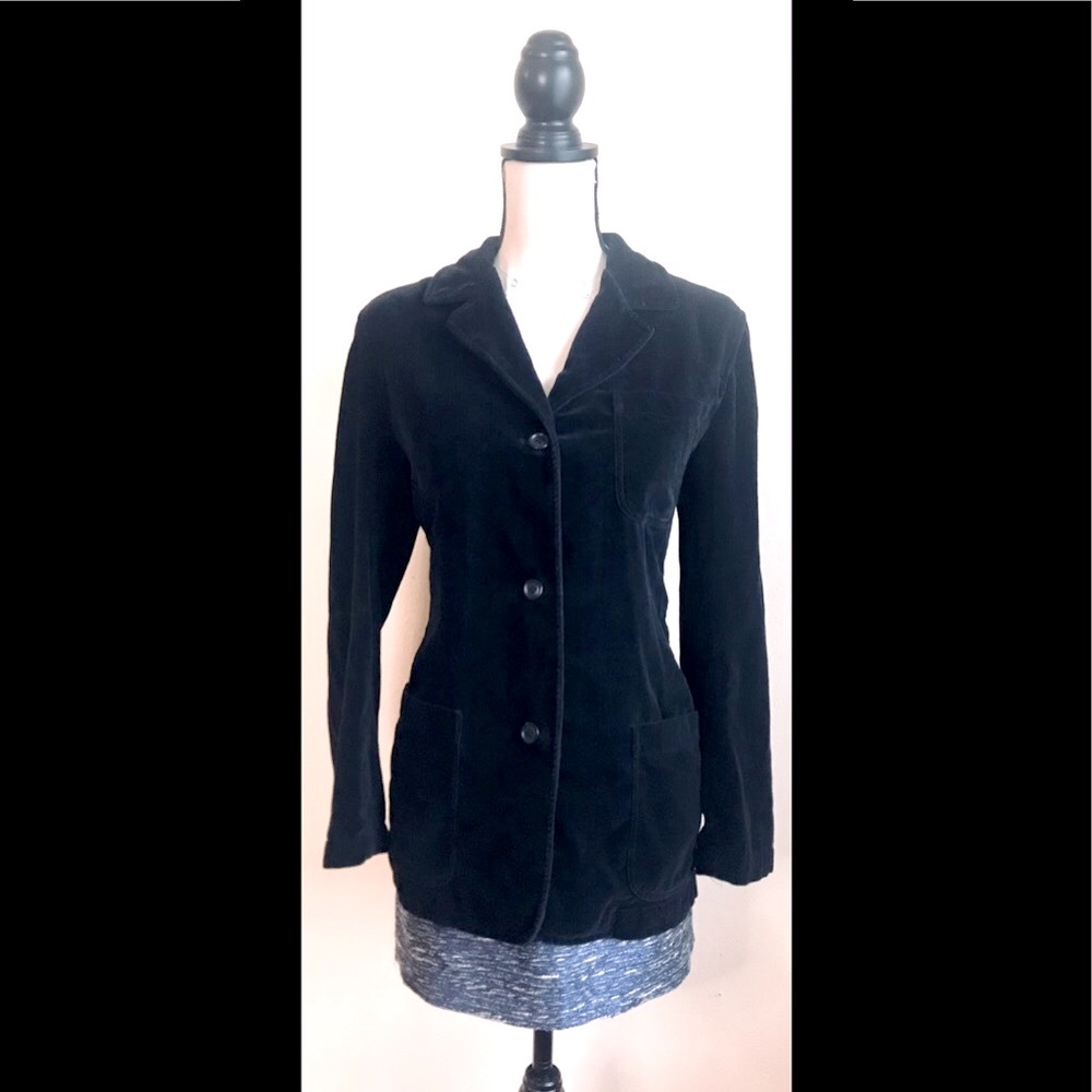 Black Velvet Mid Length Button Up Suit Jacket Blazer, PM